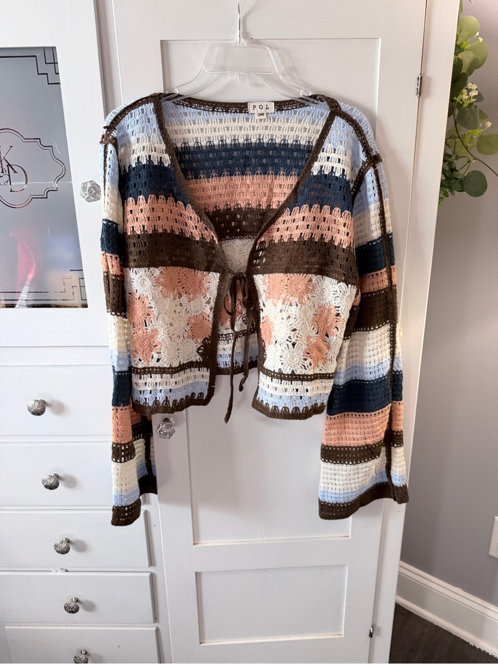 POL Crocheted Tie-Front Cardigan in Pink, Blue, Brown, Cream